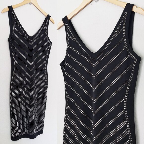 Carmen Marc Valvo Black Sparkly Rhinestone Stud Bodycon Dress S $118 Stretchy - Picture 2 of 13